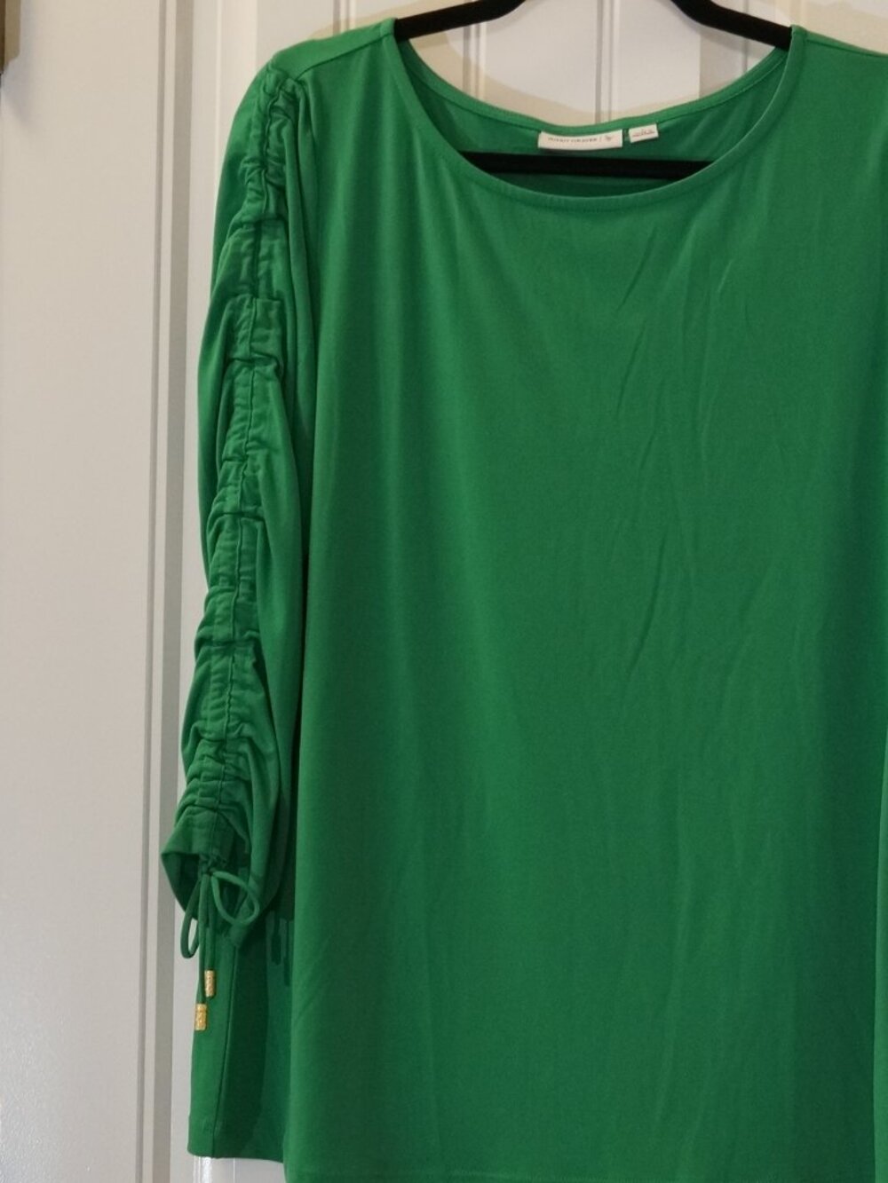 Susan Graver Liquid Knit Bateau Neck Top with Ruched Sleeves Size L
